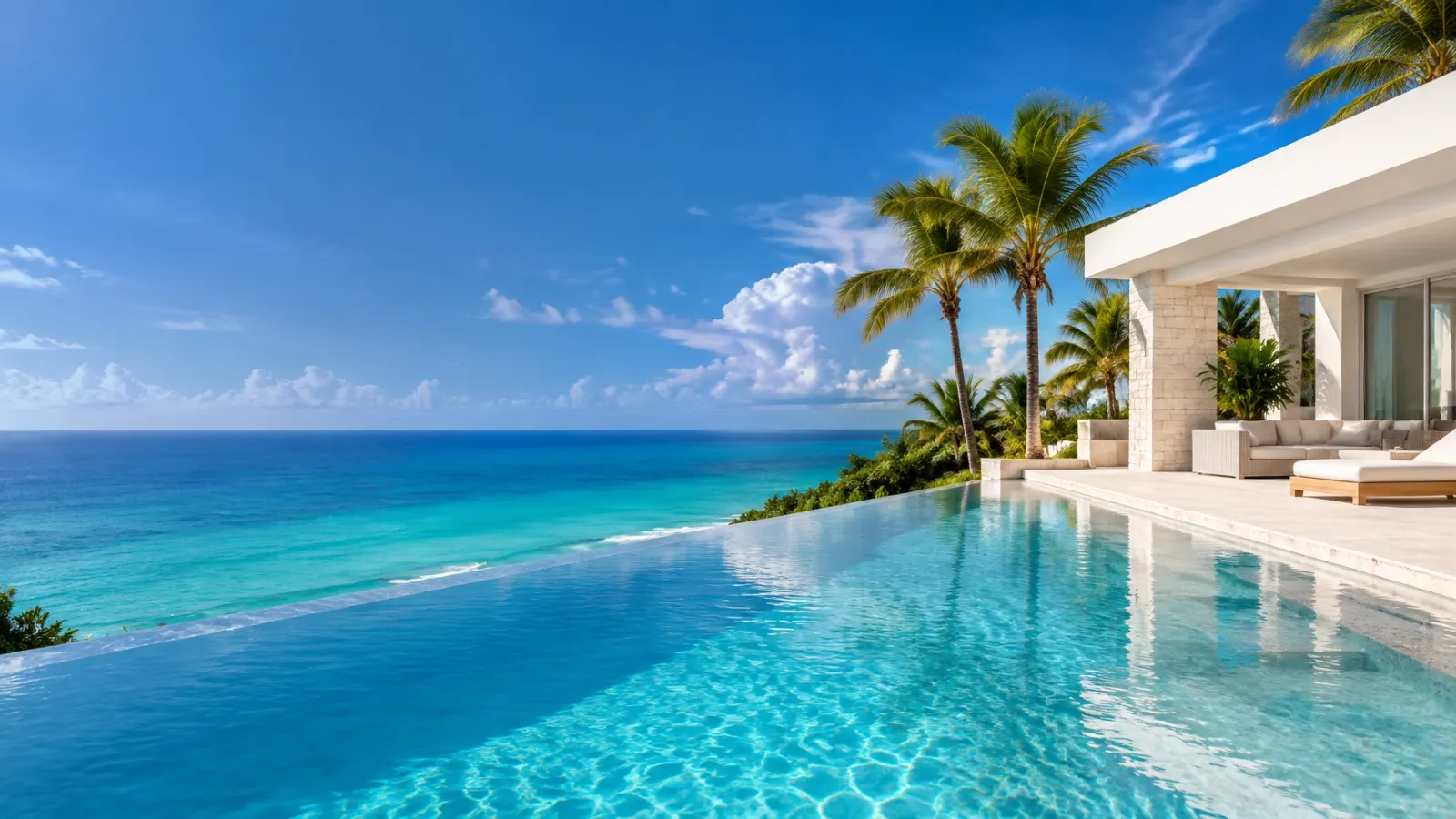 Villa de lujo blanca frente a la playa con piscina, palmeras y el mar Caribe turquesa
