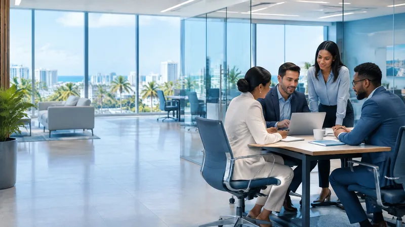 Profesionales colaborando en una oficina empresarial moderna y luminosa