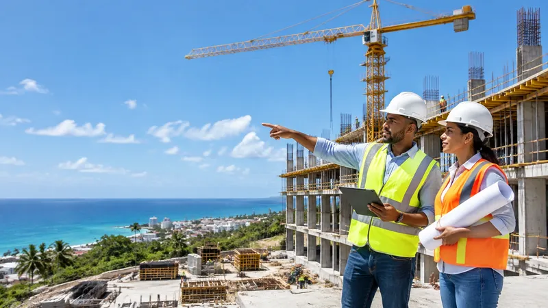 Obra de construcción activa con grúa, estructura de concreto y trabajadores con cascos