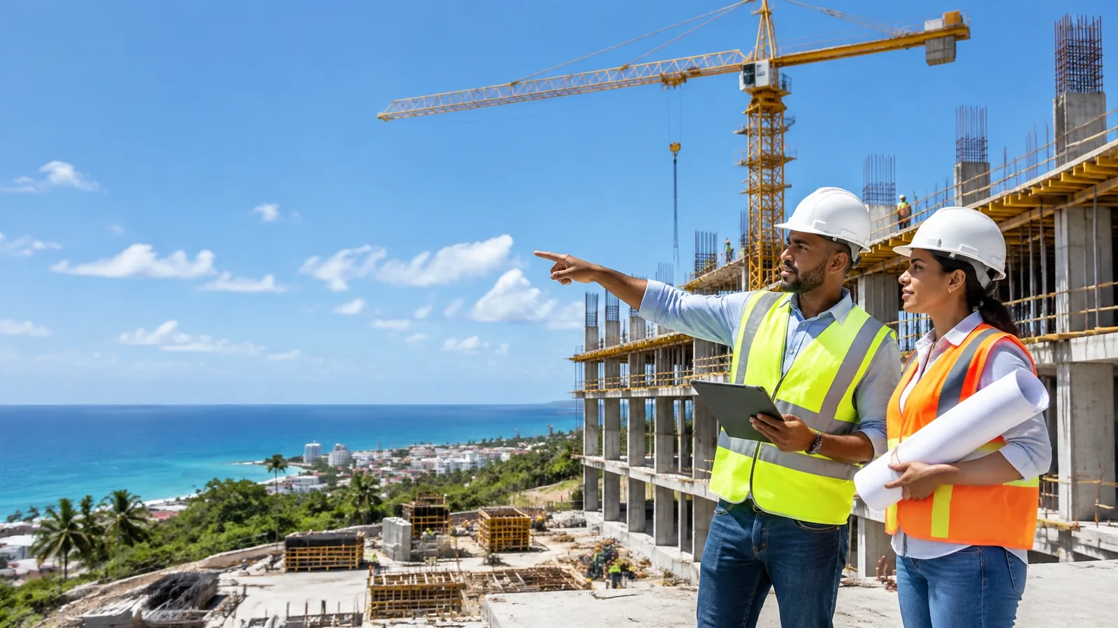 Obra de construcción activa con grúa, estructura de concreto y trabajadores con cascos