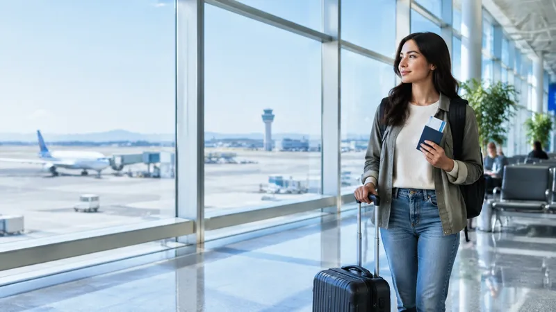 Viajera con pasaporte y equipaje en un aeropuerto internacional