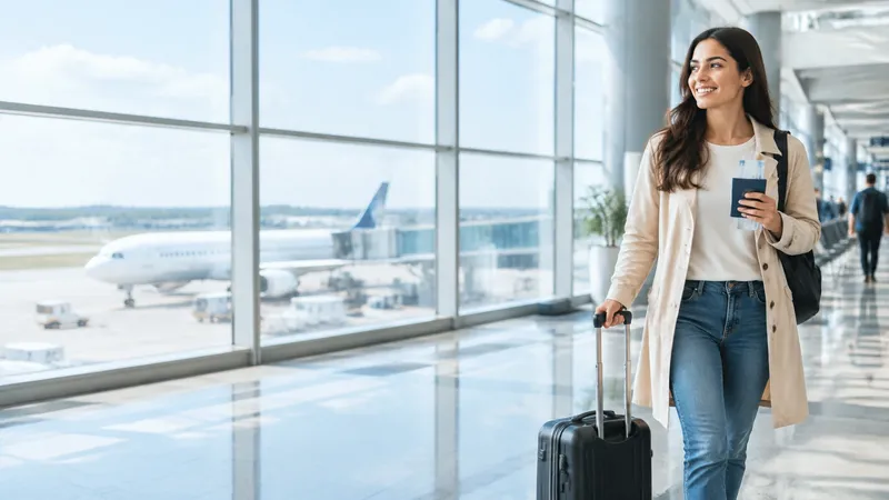 Viajera con equipaje de mano y pasaporte caminando por un aeropuerto